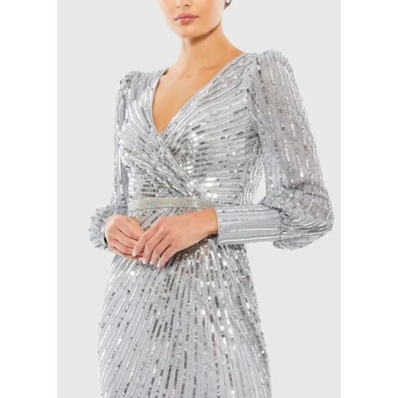 Mac Duggal Silver Sequined Wrap Over Bishop Sleeve Gown - Size 2 - New - Picture 2 of 7